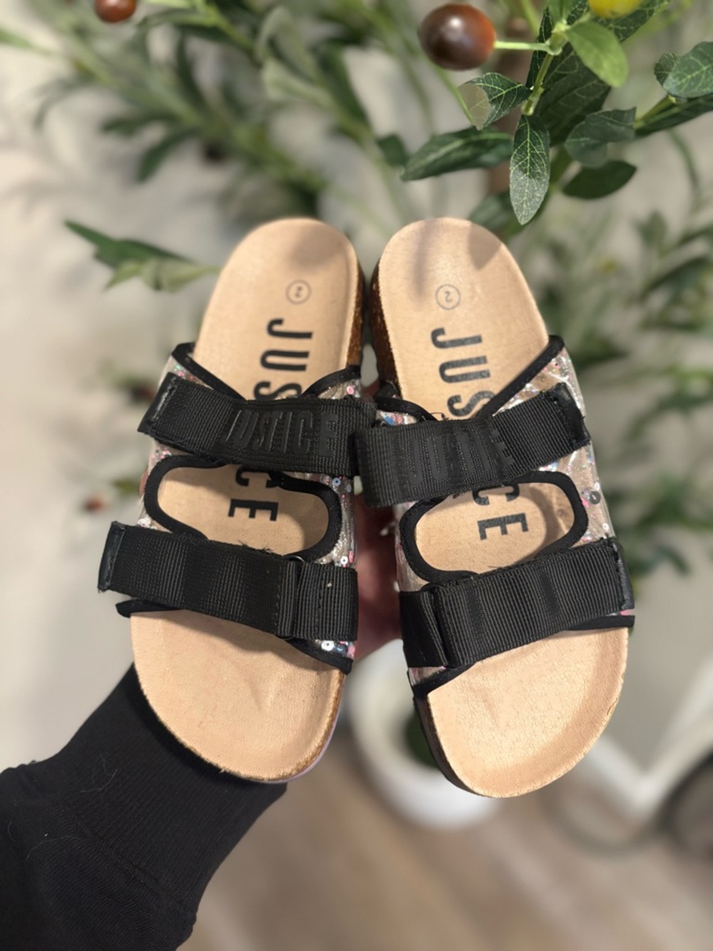 Justice Black Sequin Double-Strap Slide Sandals
